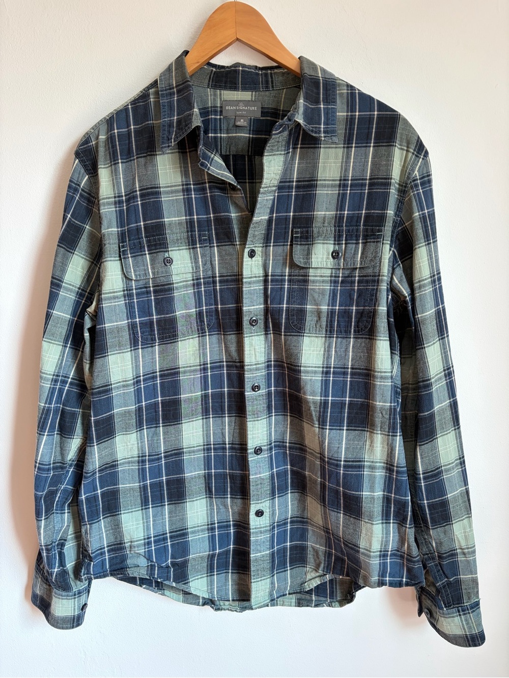 L.L. Bean Signature Green and Blue Plaid Button-Down Shirt